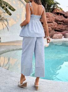 SHEIN 2pcs Maternity Striped Tie-Shoulder Camisole Top And Adjustable-Waist Pants Set - Blue - View 2