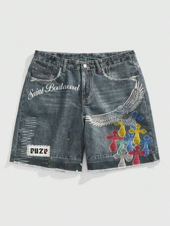 Street Life Shorts en jean à imprimé croix et lettre pour hommes