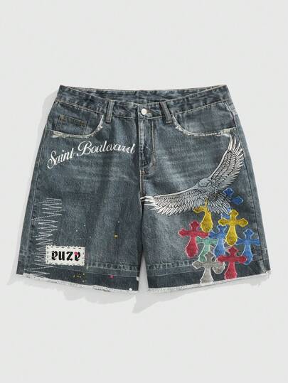 Street Life Men's Cross & Letter Print Denim Shorts Jorts