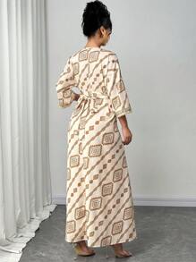 Chiquease 女式镶边印花休闲流苏装饰连衣裙 - 杏色 - 查看 2