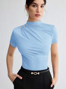 BizChic Áo thun nữ tay ngắn xếp ly màu trơn thanh lịch, hàng mới về, đa năng cho việc đi làm trong thành phố hiện đại, mặc hàng ngày, phong cách retro lãng mạn thập niên 90, phù hợp cho Giáng sinh, Năm mới, Ngày Valentine, tiệc tùng, đi biển, lễ tốt nghiệp, thời trang, lễ hội, kỳ nghỉ, khách dự đám cưới, bữa ăn trưa, sân bay, nhiều dịp khác nhau. - Màu xanh nhạt - Xem 6