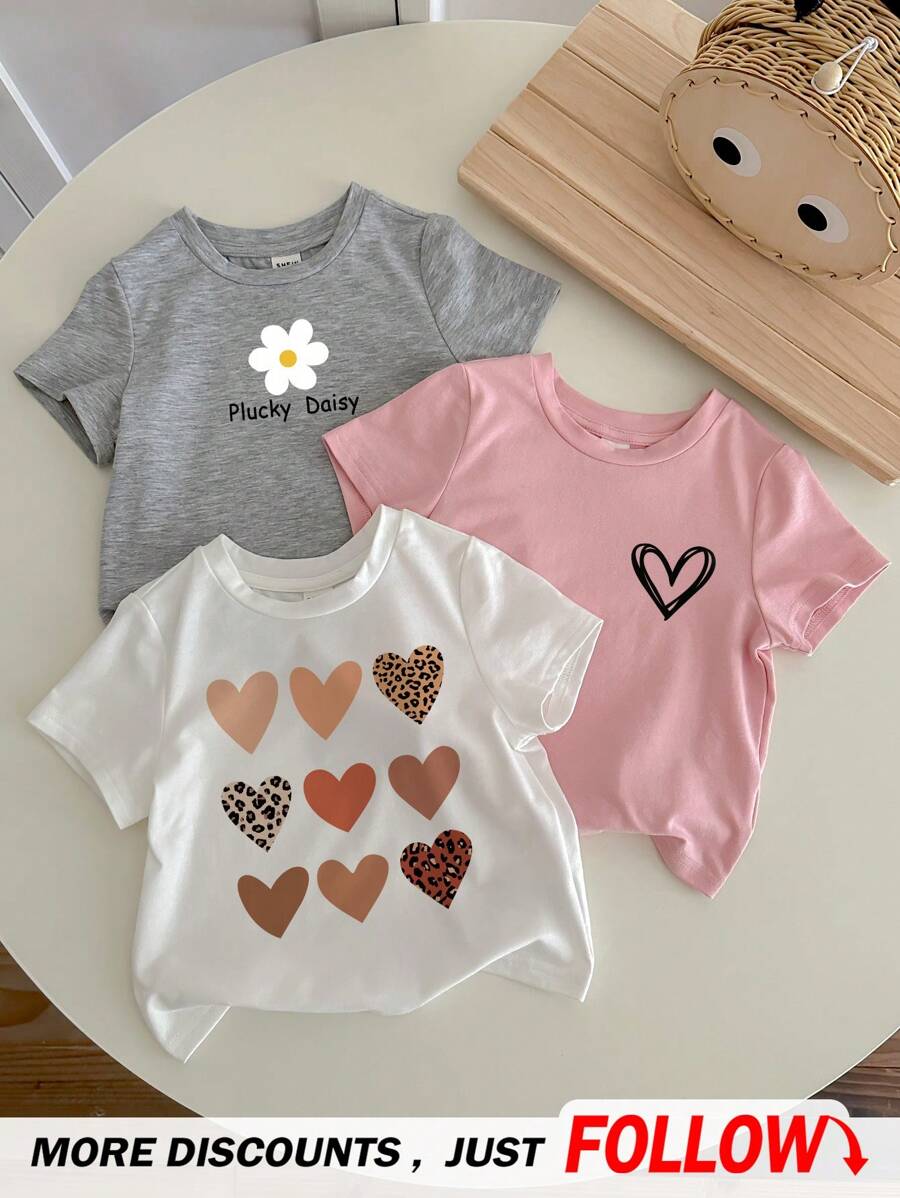SHEIN Happikins 3pcs Baby Girl Casual Simple Short Sleeve Round Neck Top, Suitable For Summer - Multicolor - View 1