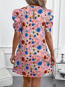 SHEIN Clasi Women's Boho Floral Print Mini Dress With Short Puff Sleeves And Round Neckline - Pink - View 2