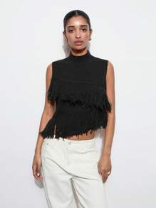 Maija Women Fashionable Solid Color Sleeveless Knit Top With Tassel Decor,Fall Women Clothes,European Summer - Black - View 3