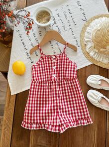 SHEIN Babygirl 可爱红色格子吊带背心连体衣，休闲夏季 - 紅白色 - 查看 7