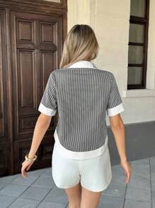 Pariaura Striped Patchwork Contrast Color Turndown Collar Pocket Short Sleeve Casual Shirt For Women - Black - View 2