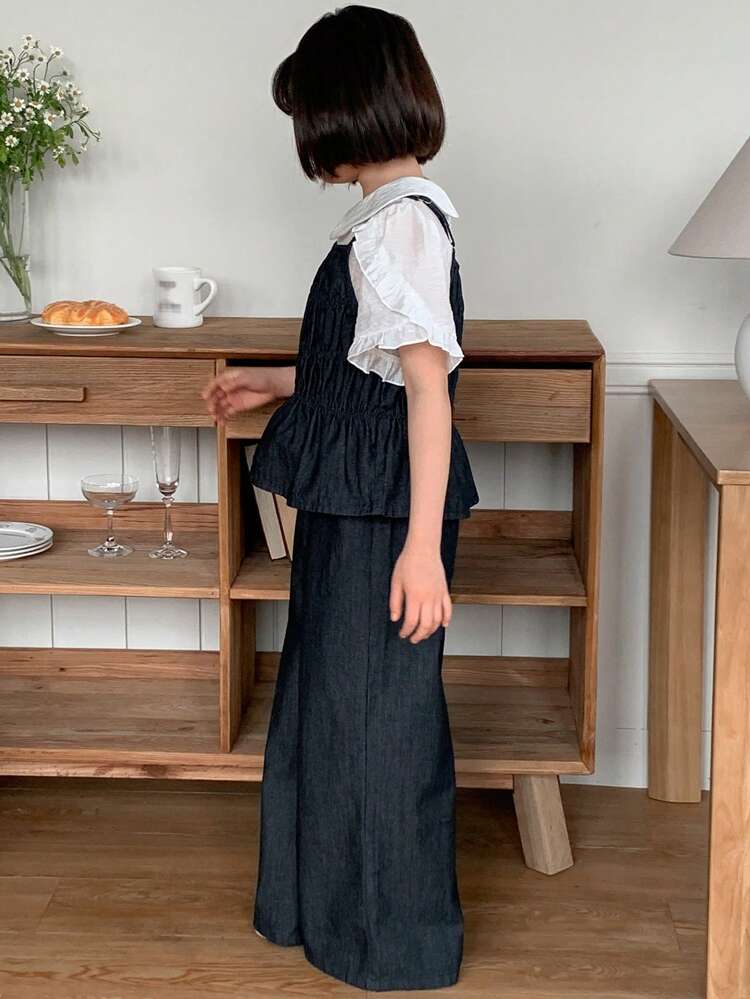 2pcs Tween Girl Denim Bib Overalls + Wide Leg Jeans Set, Summer,Back To School Clothes