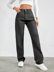 SHEIN Cottnline 100%纯棉斜口袋直筒牛仔裤 - 淺灰色 - 查看 5