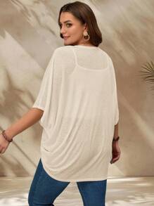 EMERY ROSE Plus Size Vacation Solid Color Asymmetric Hem Batwing Sleeve Casual Jacket,Spring/Summer Winter Fall Autumn - Khaki - View 2