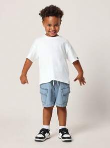 SUMWON 休闲儿童基本款 T 恤基本款夏季圆领运动棉混纺透气休闲上衣学校日常穿着休闲舒适 - 白色 - 查看 8