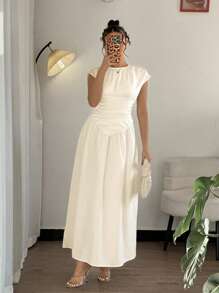 Rafferiza Women's Solid Color Round Neck Pleated Long Casual Summer Dress - Apricot - View 4