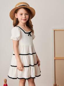 PrepCrw Vestido branco estilo universitário com acabamento em cor contrastante e corte A para meninas, primavera/verão - Branco - Ver 6