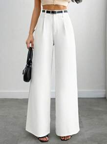 SHEIN Cottnline Elegant Semi-Sheer Suit Pants With Gold Buckle Slim Belt – High-Waisted, Loose Fit, Elastic Back Waistband For Ultimate Comfort - Beige - View 1