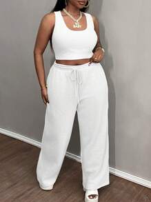 Slaydiva 2024 New Basic Solid Color Long Sleeve Cropped Top, Cami, And Wide Leg Long Pants 3 Piece Set, Plus Size Women Casual Homewear