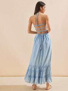 WESTFADE Light Blue Spring Crepe Smocked Bodice Tiered Ruffle Open Back Tassel Tie Maxi Halter Neck Dress - Baby Blue - View 5