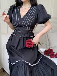 Modelyn Women's Color Block Puff Sleeve Casual Long Dress,Tea Party Dress,Summer Dresses For Women,Summer Outfits For Women,Sun Dress - Black - View 2