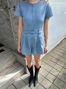 Forever 21 Women's Spring Casual Minimalist Denim Overalls A-Line Cargo Jumpsuit - Light Wash - View 6
