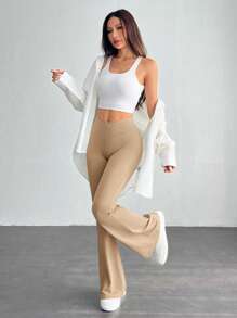 SHEIN PETITE 简约纯色裹身高腰喇叭裤 - 杏色 - 查看 6