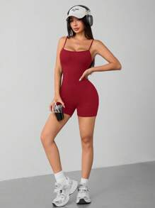 SHEIN PETITE Casual Simple Solid Color Suspender Jumpsuit Suitable For Summer Tight Women's Bodysuit - Burgundy - View 6