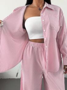 POPSWAY Conjunto informal de 2 piezas de manga larga con rayas azules y blancas en talla grande - Rosa vieja - Ver 3