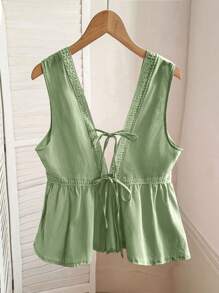 Áo hai dây cổ chữ V sâu thêu ren ngọt ngào và thon gọn mùa hè mới - Màu xanh Bạc hà - Xem 2