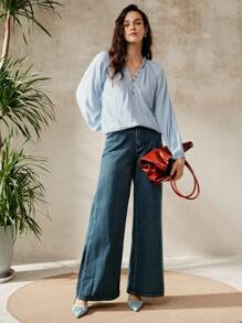 Chiquease Áo sơ mi vải lanh dài tay dáng ôm vừa vặn dành cho nữ có cổ đứng thêu, viền ruy băng tương phản và nút, trang phục thường ngày cho công sở và đường phố - Màu xanh lam - Xem 3