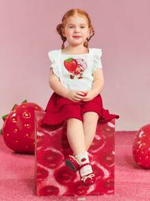Strawberry Shortcake X SHEIN Set da ragazza giovane con top a maniche corte con grafica di cartoni animati carini e dolci, e gonna rossa a doppio strato