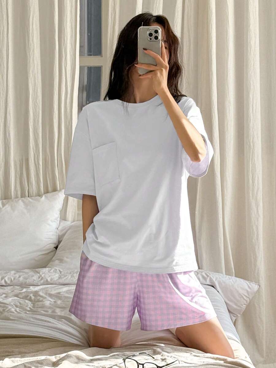 DAZY 2pcs Loose Casual Short Sleeve Women Pajama Set - White - View 1