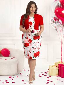 Reflora Ladies Plus Size Spring Floral Print Elastic Knit 2 In 1 Dress, Elegant Romantic Daily Outfit, Suitable For Valentine's Day - Red - View 3