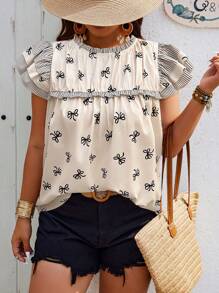 SHEIN LUNE Plus Size Random Print Ruffle Trim Casual Short Sleeve Shirt, Summer - Multicolor - View 3