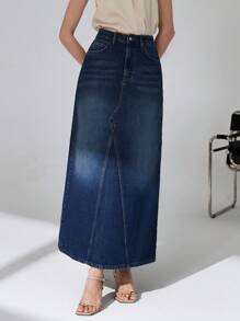 CLARA VERO 100% Cotton Low Waist Washed Strong Denim Skirt - Dark Wash - View 7
