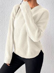 EMERY ROSE Women's Solid Color Long Sleeve Round Neck Simple Fashion Pullover Sweater Knit Pullover Fall Winter - Beige - View 3