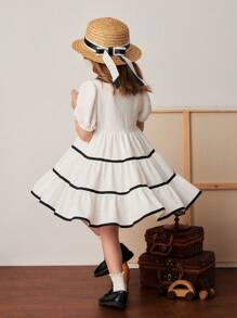 PrepCrw Vestido branco estilo universitário com acabamento em cor contrastante e corte A para meninas, primavera/verão - Branco - Ver 2
