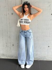 SHEIN EZwear Women Casual Distressed Straight Leg Jeans - Blue - View 3