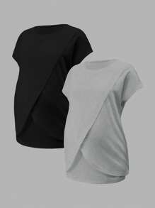 SHEIN Maternity Casual Solid Color Wrap Short Sleeve Nursing T-Shirt, Summer - Grey - View 9