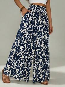 SHEIN PETITE 女式高腰口袋褶皱阔腿度假植物印花裤 - 藍白色 - 查看 7