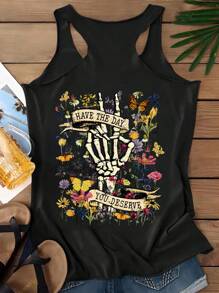 SHEIN LUNE Áo ba lỗ in họa tiết hoa và xương tối giản cho lễ hội âm nhạc cỡ lớn, phù hợp cho mùa hè, buổi hòa nhạc - màu đen - Xem 2