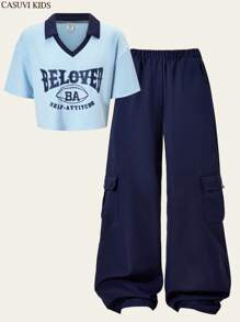 SHEIN Explorewe 1 套青少年女孩复古针织短袖衬衫和工装裤套装，休闲搭配服装，新品上市 - 藏蓝色 - 查看 8