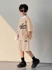 SHEIN Leap Crew 2 件青少年男孩休闲韩版时尚字母印花 Polo 领半拉链短袖上衣和宽松短裤套装，适合上学、海滩、生日、春夏季