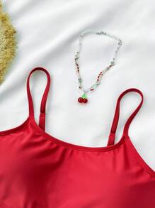 SHEIN Bộ 3 món cho bé gái tuổi teen, gồm áo bikini dệt kim màu trơn và chân váy mini in họa tiết hoa, trang phục đi nghỉ và đi biển - Đỏ - Xem 5