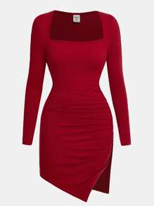 SHEIN Girlism 少女红色紧身针织褶皱腰不对称下摆优雅复古优雅长袖连衣裙，适合圣诞节、派对、生日、女孩少女服装 - 酒紅色 - 查看 4