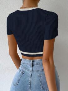 Breezaya Áo len dệt kim cổ tròn tay ngắn màu tương phản cho nữ, viền bất đối xứng, thường ngày - Màu xanh hải quân - Xem 2