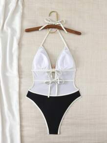 Swim Chiccia 女式优雅细肩带露背撞色边连体泳衣 - 黑與白 - 查看 6