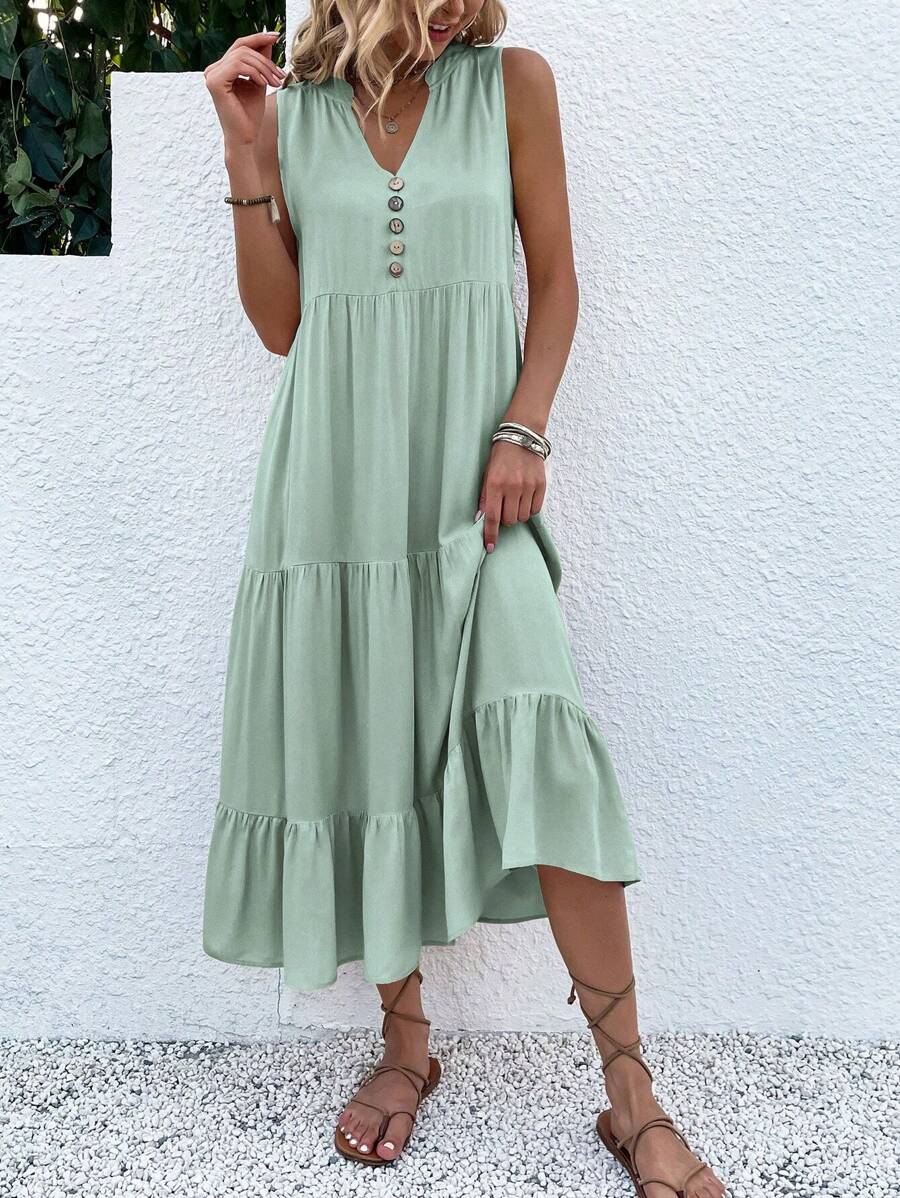 EMERY ROSE Button Detail Layered Hem Smock Dress Maxi Women Outfit - Mint Green - View 1
