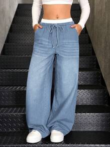 SHEIN 青少年女孩 Y2K 秋季蓝白休闲条纹宽松阔腿牛仔裤，撞色腰带，二合一设计 - 淺色水洗藍 - 查看 5