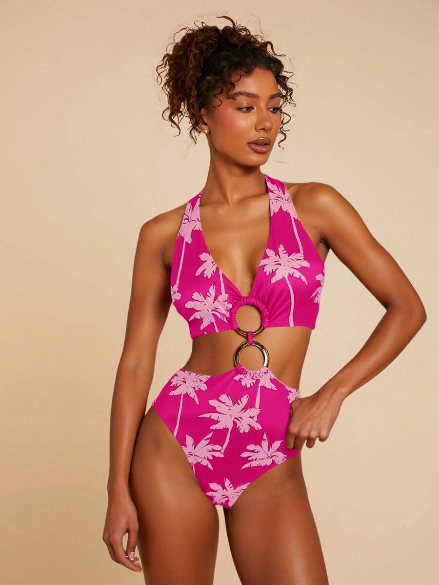 Travachic One-Piece Backless Palm Tree Print Women's Vacation Beach Swimsuit - Multicolor - View 1