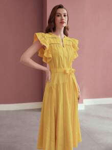 MOTF PREMIUM VESTIDO CON VOLANTES Y ENTALLADO CON CINTURÓN - Amarillo - Ver 6