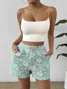 Flirla Quần short cắt ngẫu nhiên họa tiết hoa Jacquard rộng rãi thời trang cho nữ - màu xanh lá - Xem 4