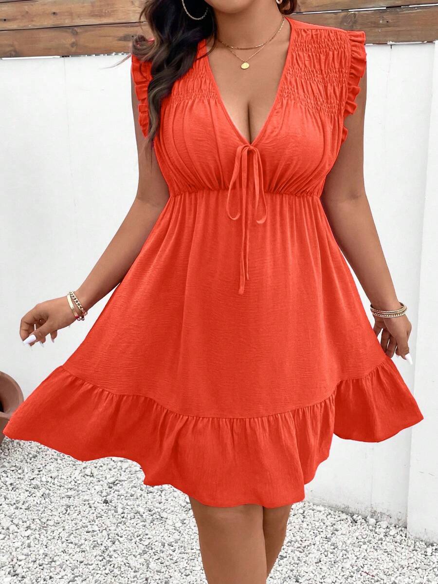 SHEIN Clasi Plus Size Summer Casual Textured Ruffle Hem Dress - Orange - View 1