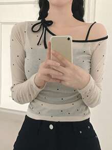 DAZY 撞色不对称领口露肩不对称设计紧身波尔卡圆点女式T恤，秋季衣服长袖女式上衣 - 杏色 - 查看 3